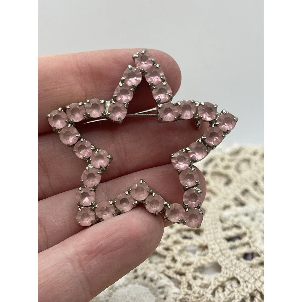 Silver‎ Tone Pink Rhinestone  Star Vintage Brooch Jewelry